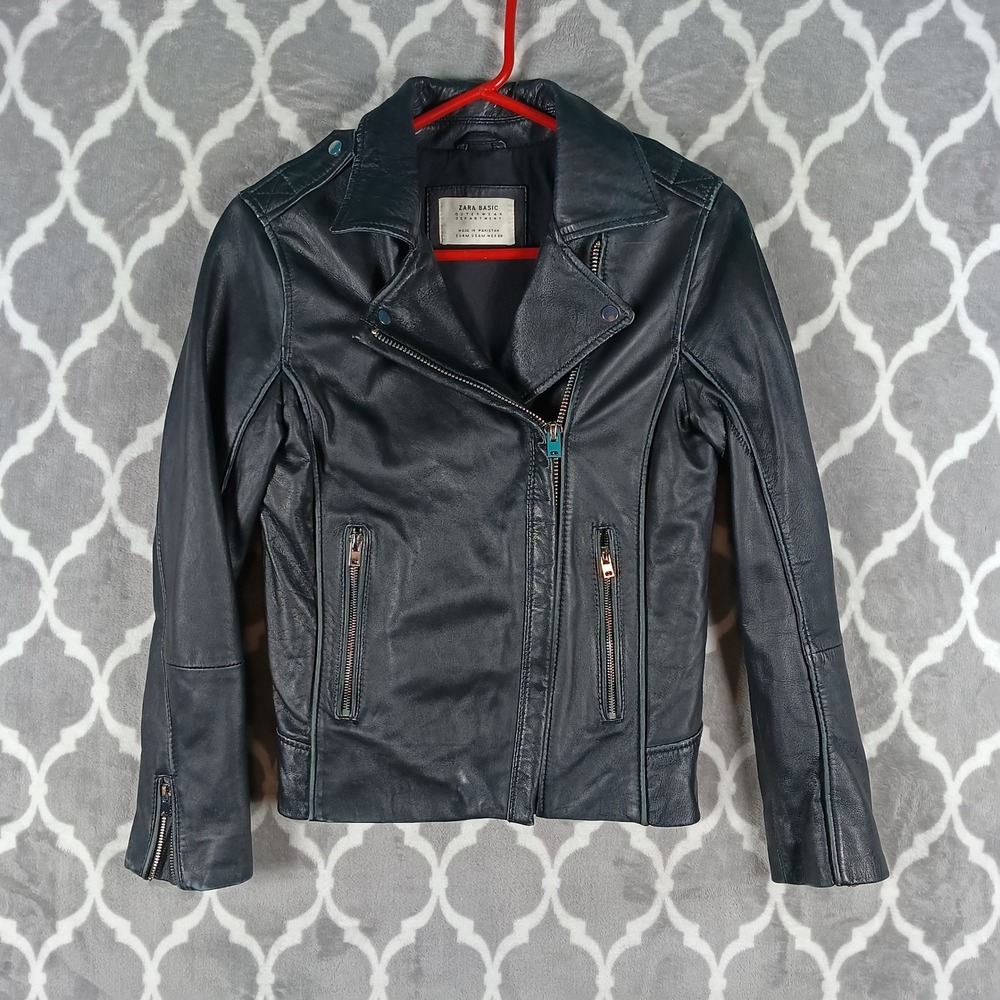Zara Leather Biker Jacket Women Medium Black Lamb Leather Moto Asymmetric Zip